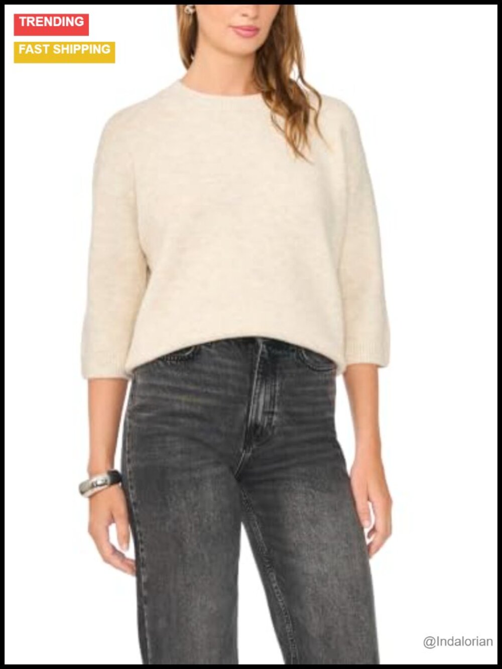 Elbow Length Sleeve Crew Neck Knit Sweater Pullover